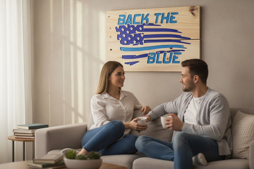 TK Wood Designs distressed wood wall art featuring a blue American flag with "Back the Blue" text.