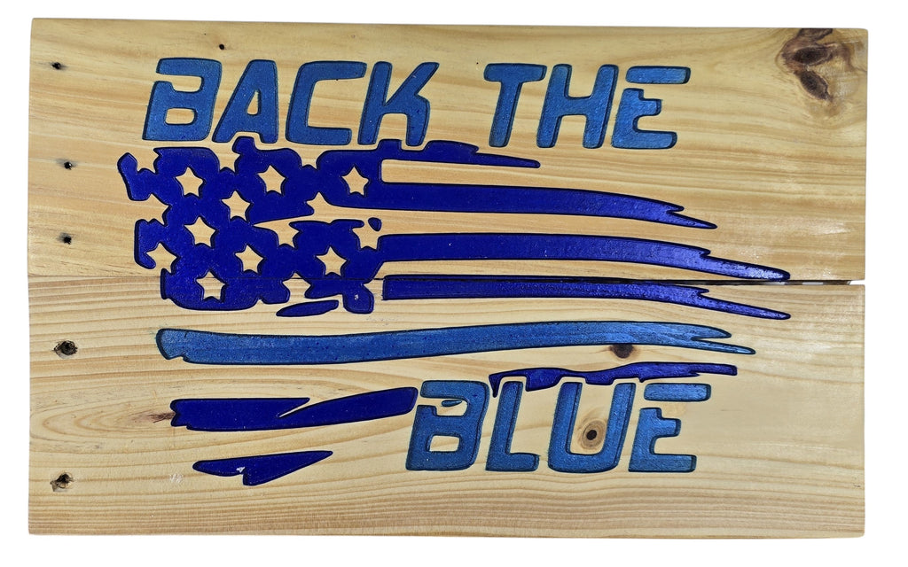 TK Wood Designs distressed wood wall art with blue American flag and "Back the Blue" text.