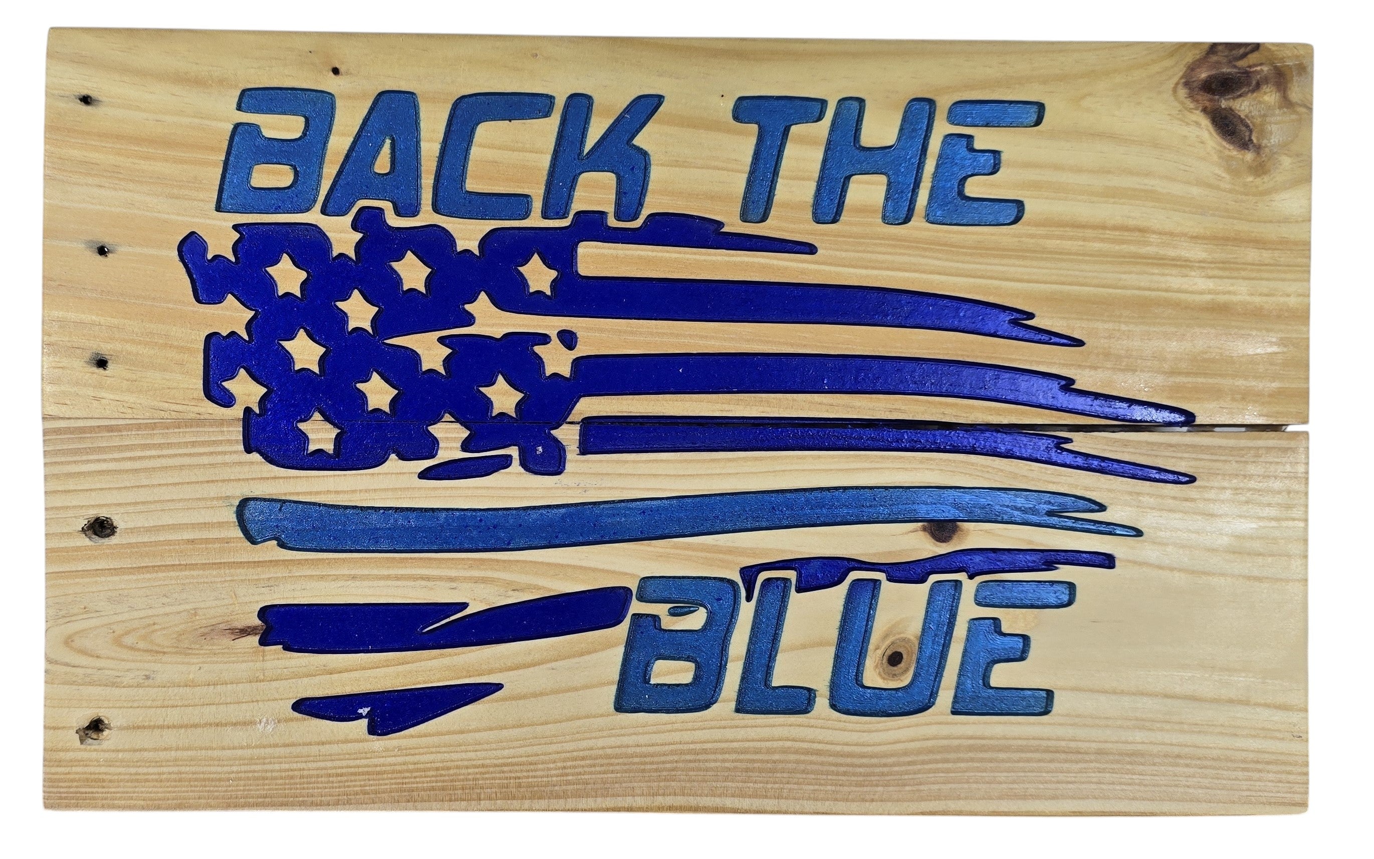 TK Wood Designs distressed wood wall art with blue American flag and "Back the Blue" text.