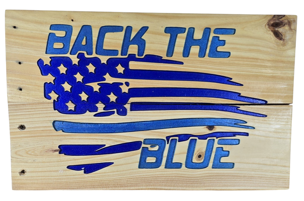 TK Wood Designs distressed wood American flag wall art with "Back the Blue" text in blue.