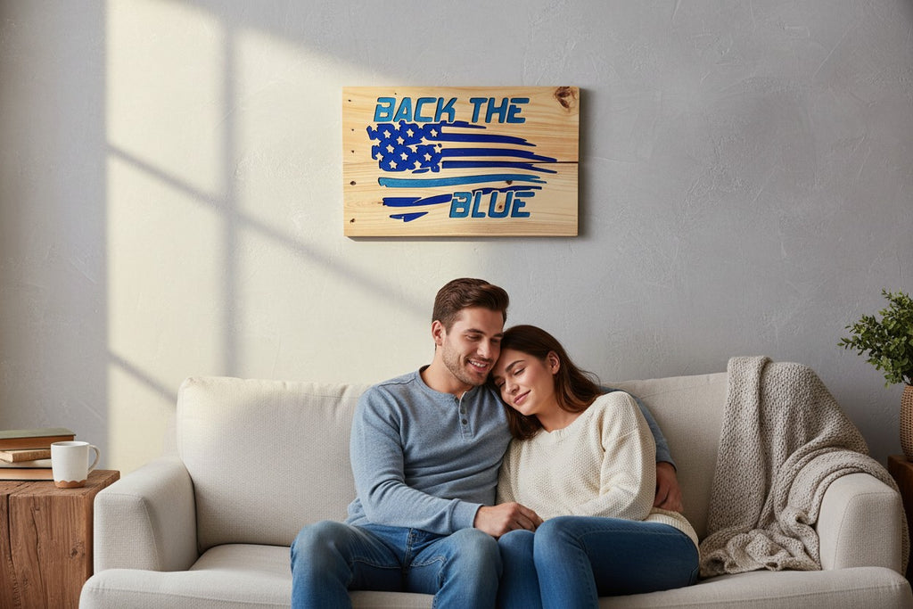 TK Wood Designs distressed wood wall art featuring a blue American flag with "Back the Blue" text.