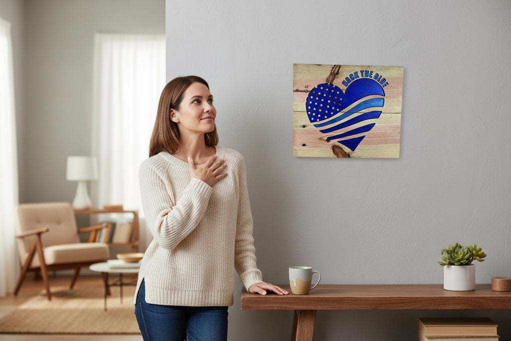 TK Wood Designs Back the Blue Heart American Flag wood wall art with carved stars and stripes. Natural wood finish.