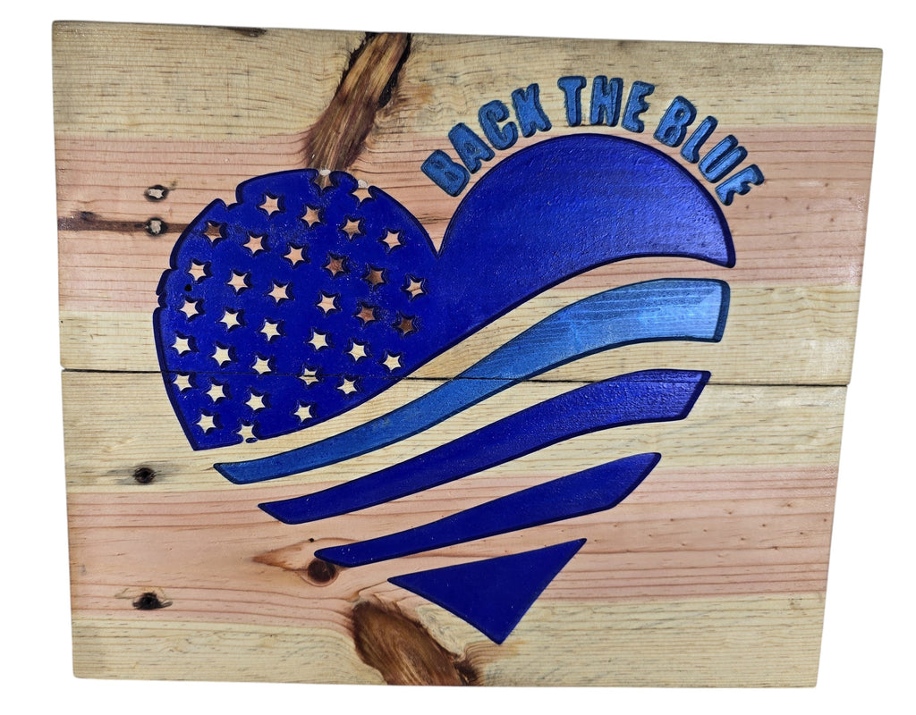 TK Wood Designs Back the Blue Heart American Flag wood wall art with carved stars and stripes. Natural wood.