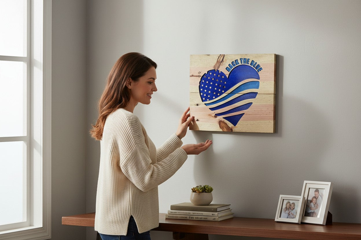 TK Wood Designs Back the Blue Heart American Flag wood wall art with carved stars and stripes. Natural wood finish.