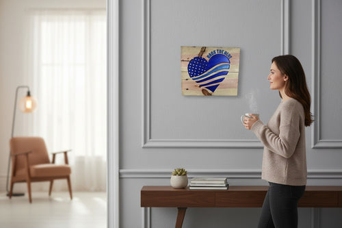 TK Wood Designs Back the Blue Heart American Flag wood wall art with carved stars and stripes. Natural wood.
