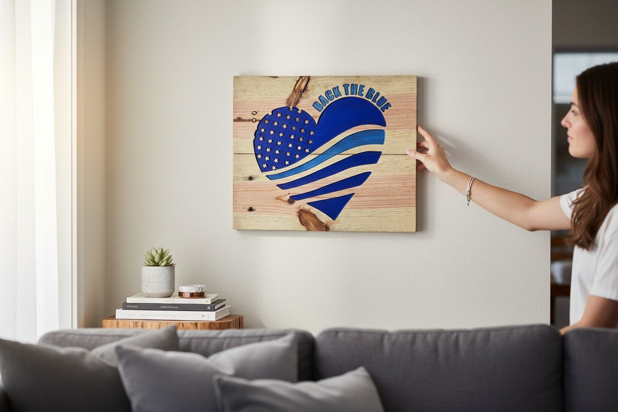 TK Wood Designs Back the Blue Heart American Flag wood wall art with carved stars and stripes. Natural wood.