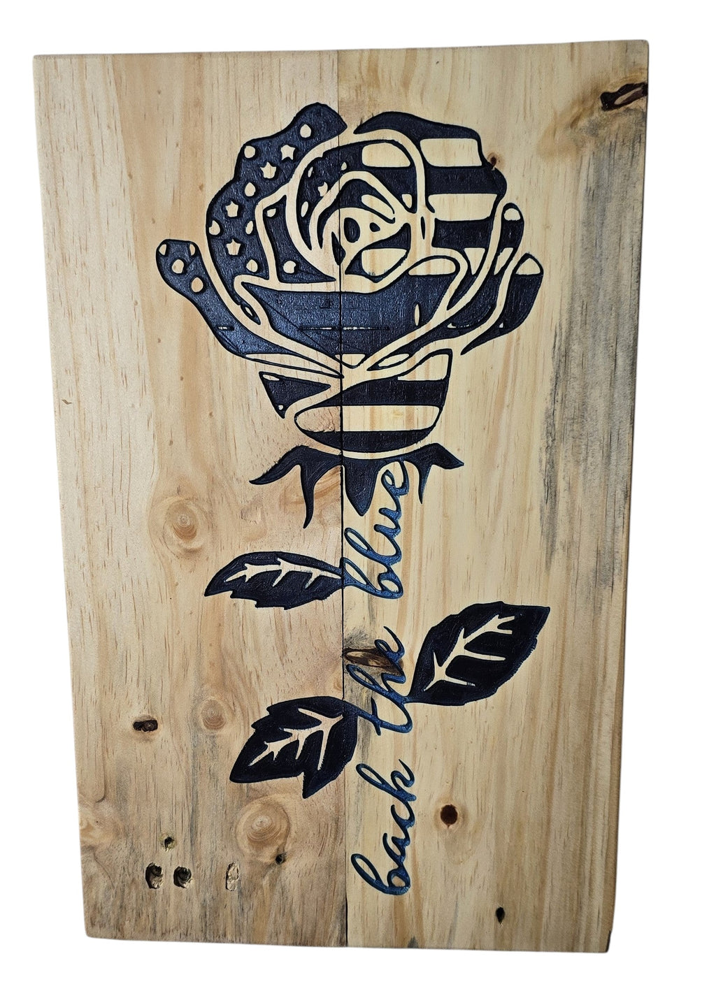 TK Wood Designs wooden plaque with a rose design featuring the American flag pattern and the words "back the blue".