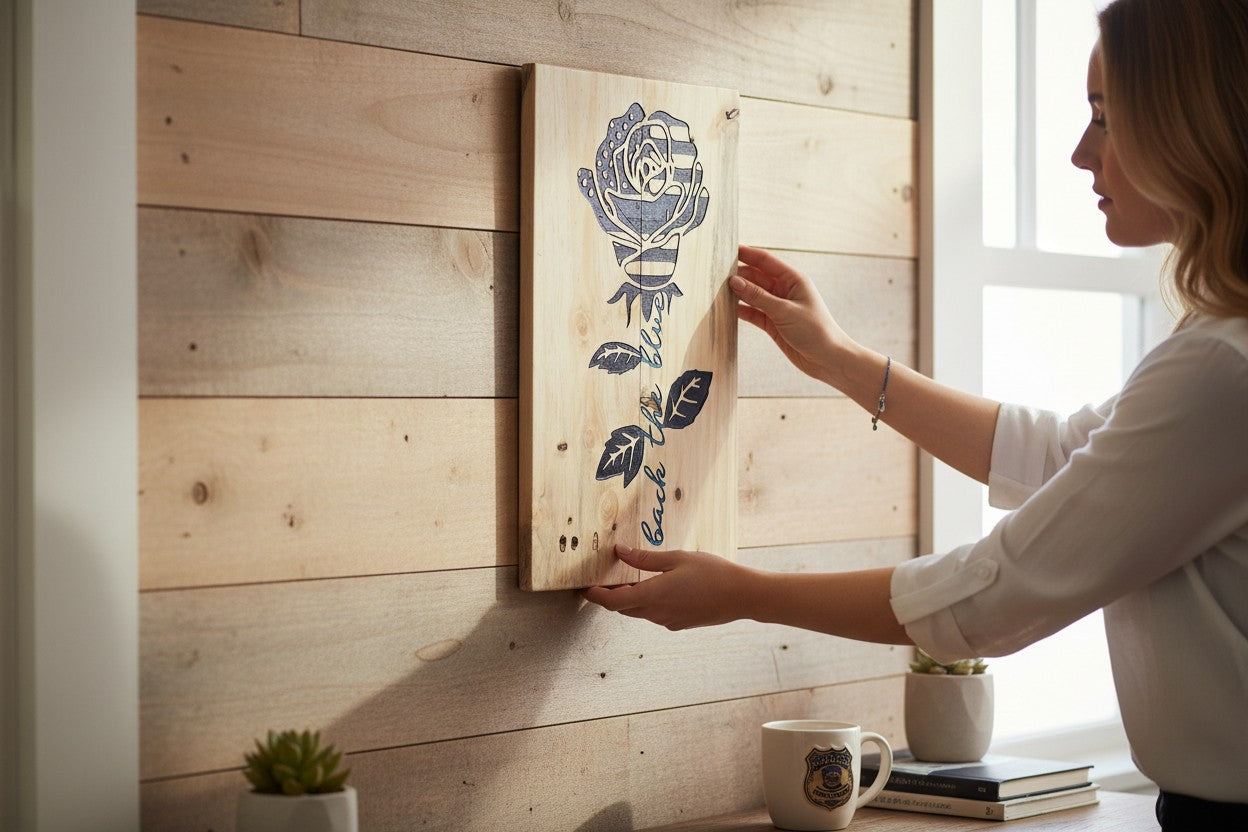 TK Wood Designs wooden plaque with a rose design incorporating the American flag and the phrase "back the blue".