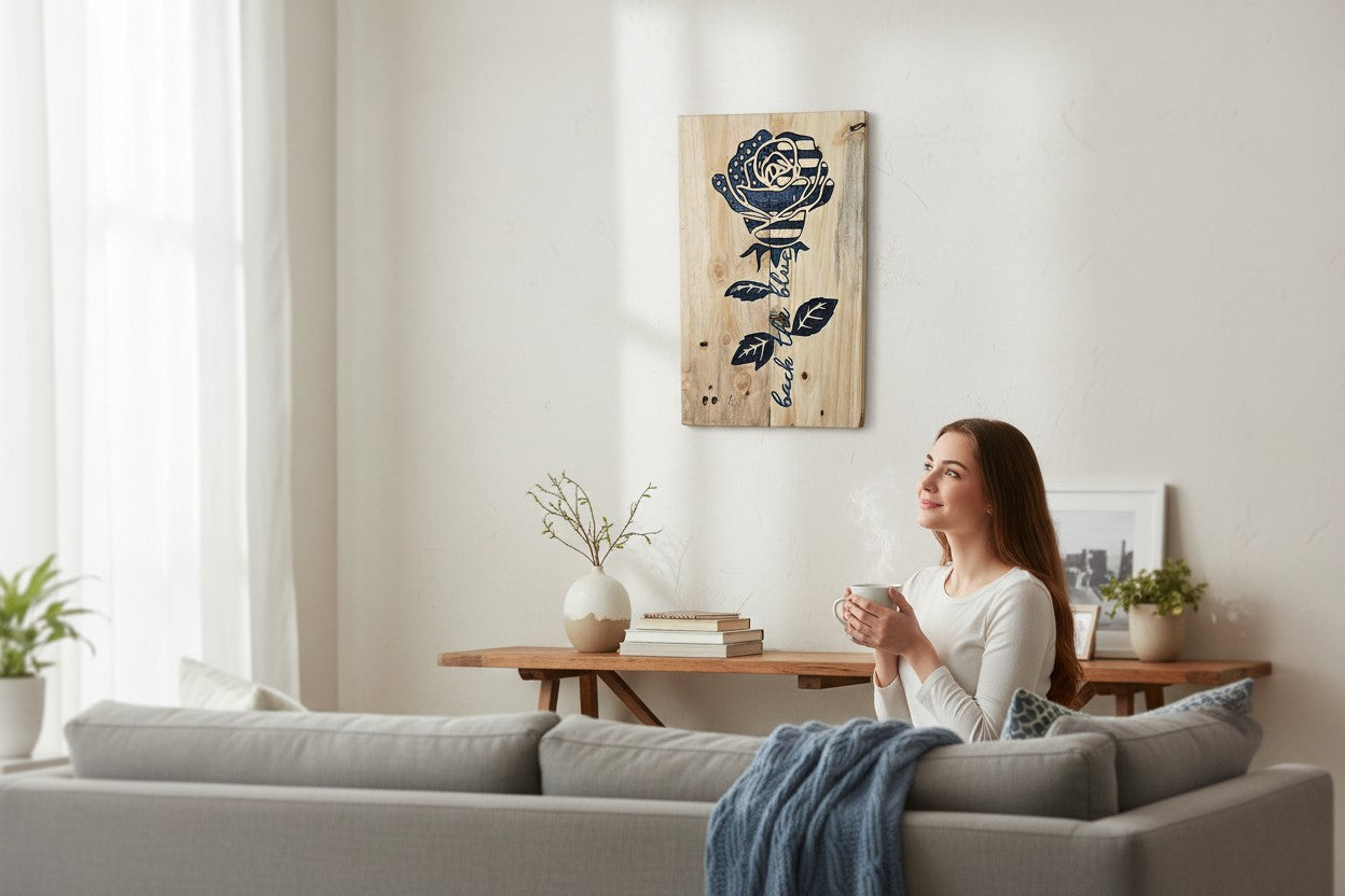 TK Wood Designs wooden sign with a rose design featuring the American flag and the words "back the blue".
