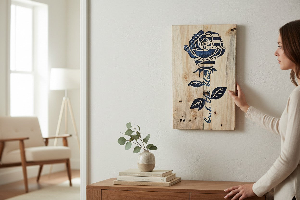 TK Wood Designs wooden sign with a rose design featuring the American flag pattern and the words "back the blue" carved into the stem.
