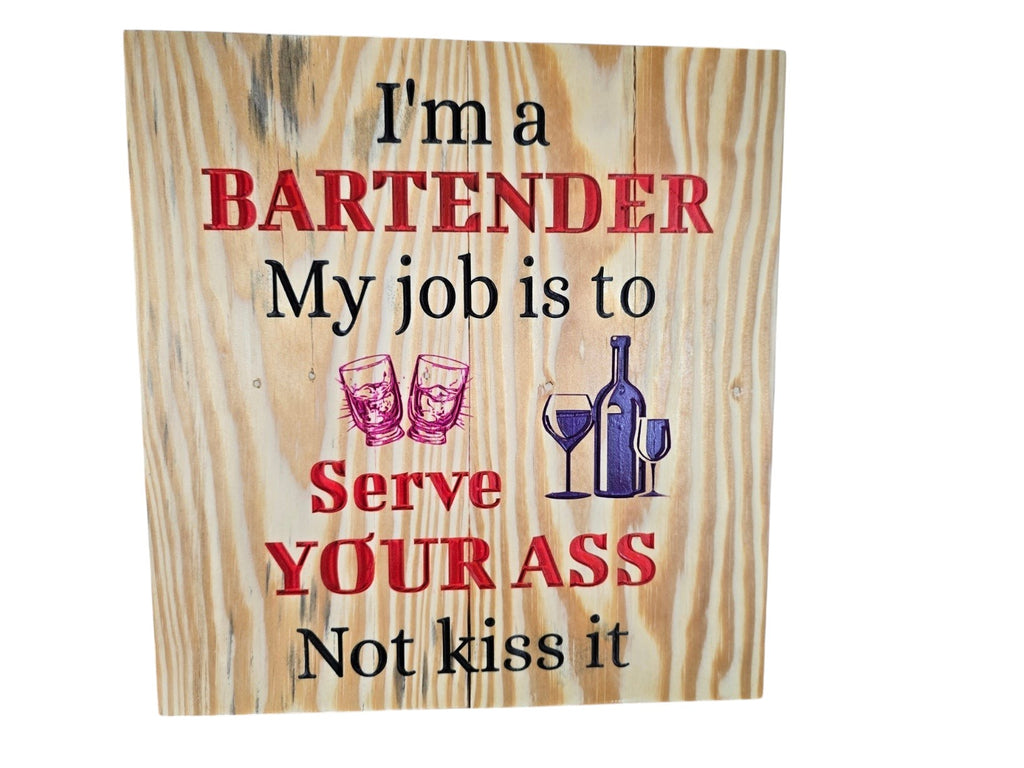 TK Wood Designs rustic wooden sign with engraved bartender quote and alcohol glass illustrations