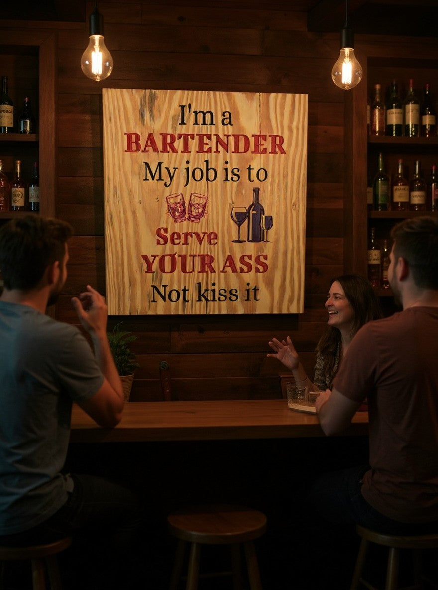 TK Wood Designs humorous bartender wooden wall sign with red and black text hanging in a rustic home bar setting
