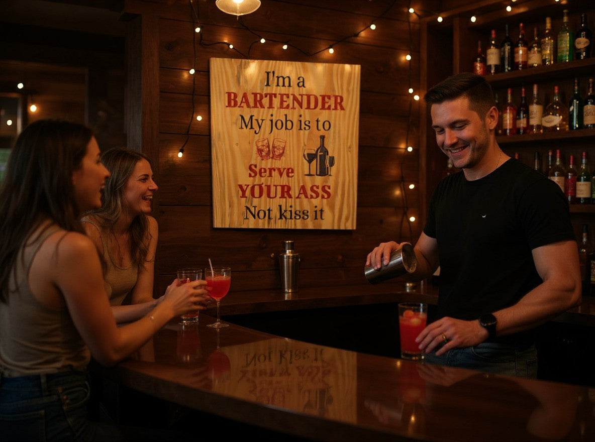 TK Wood Designs humorous wooden bartender wall sign with etched text and drink illustrations in a home bar setting.
