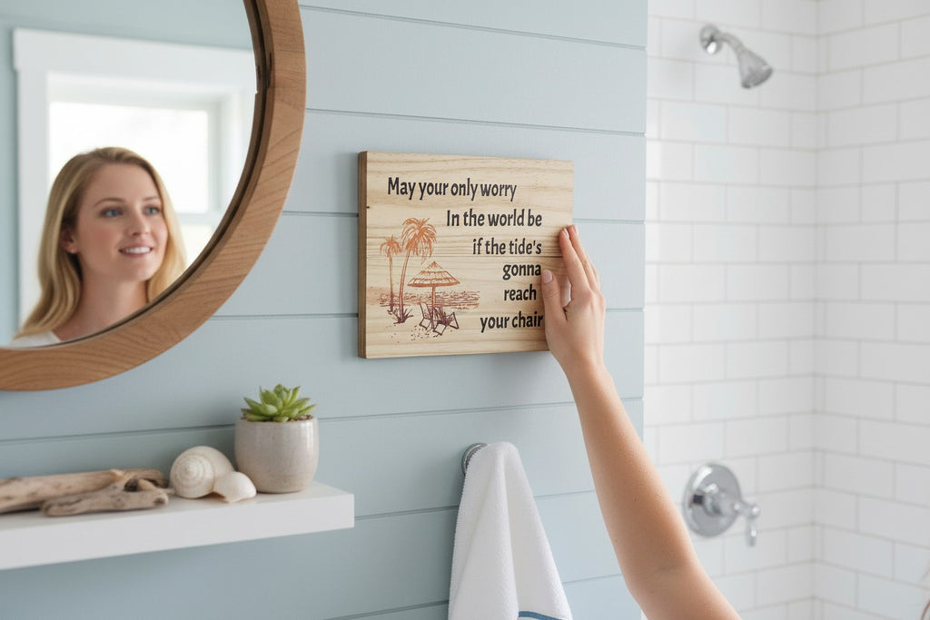 TK Wood Designs wooden sign with beach scene and text: May your only worry in the world be if the tide's gonna reach your chair.
