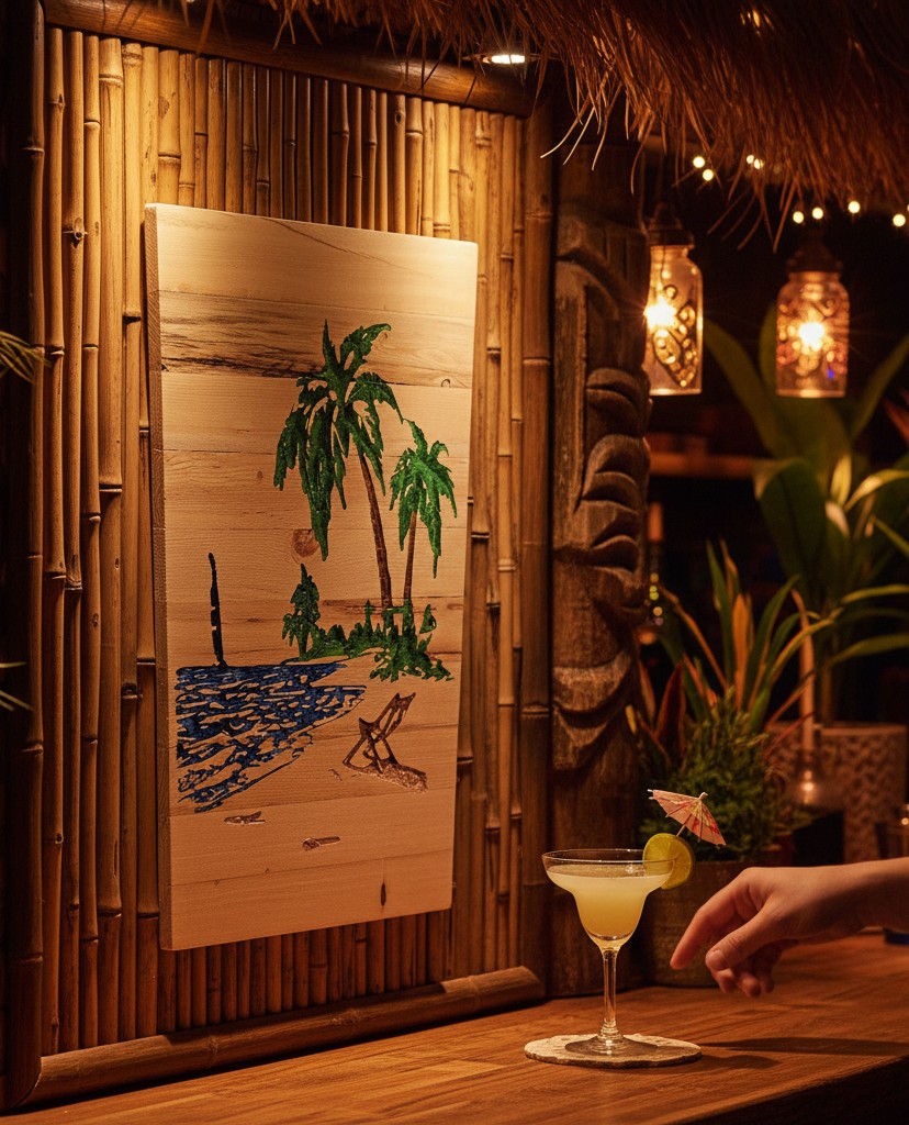 TK Wood Designs hand-painted reclaimed wood art featuring a beach scene with palm trees, a lounge chair, and blue water.
