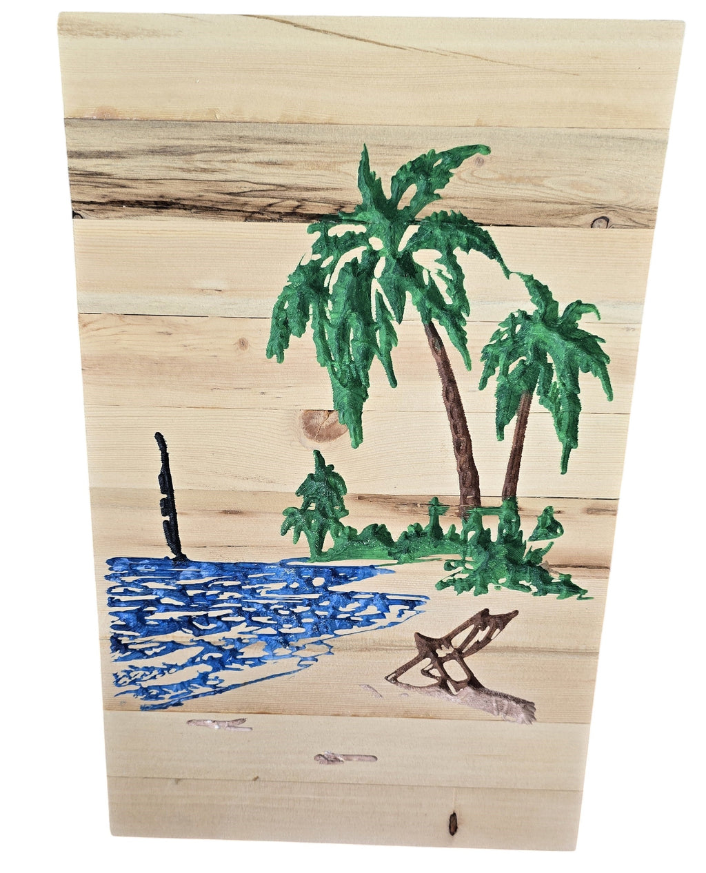 TK Wood Designs hand-painted reclaimed wood art depicting a beach scene with palm trees, a beach chair, and blue water.