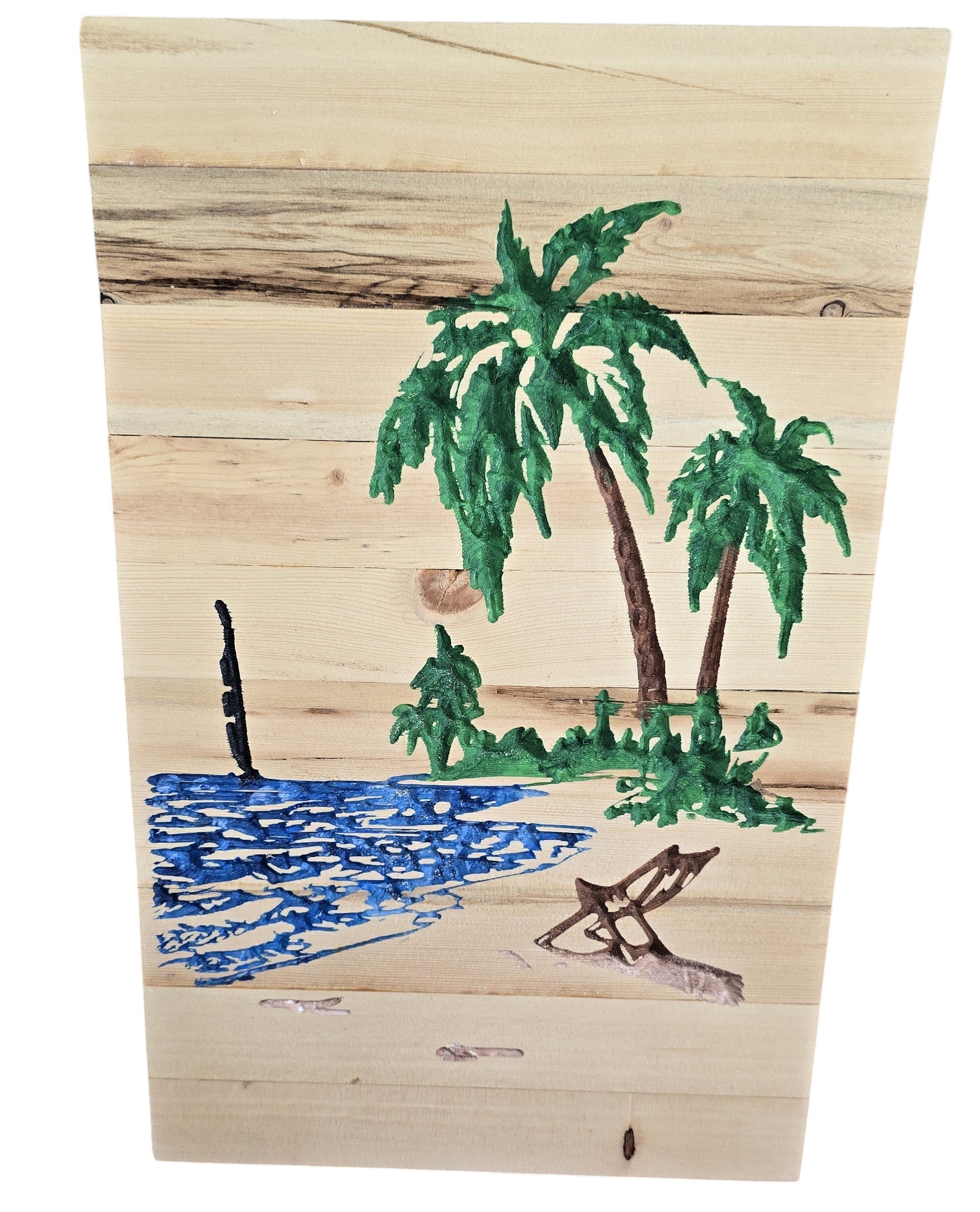 TK Wood Designs hand-painted reclaimed wood art depicting a beach scene with palm trees, a beach chair, and blue water.