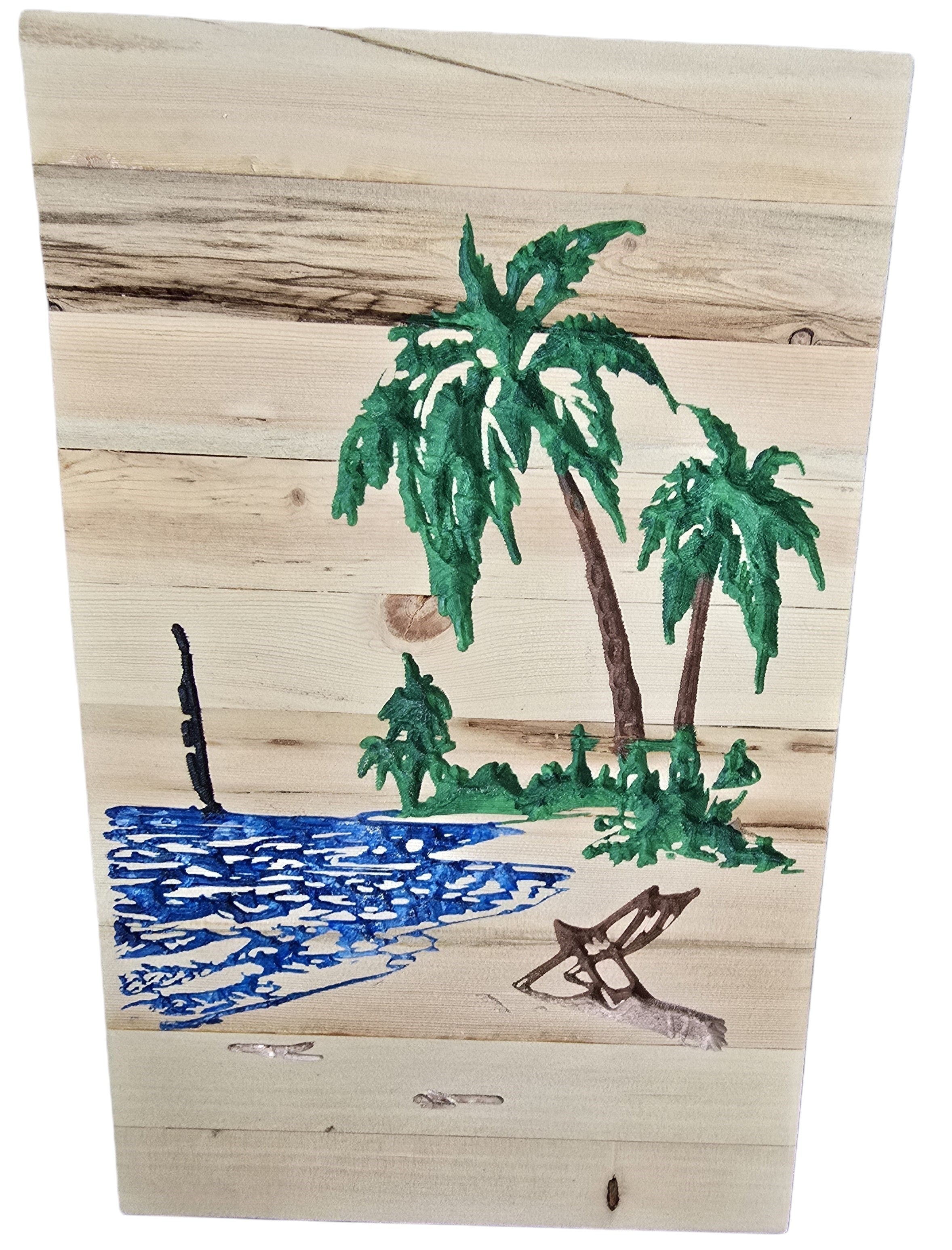 TK Wood Designs reclaimed wood art featuring a hand-painted beach scene with palm trees, ocean, and a lounge chair.