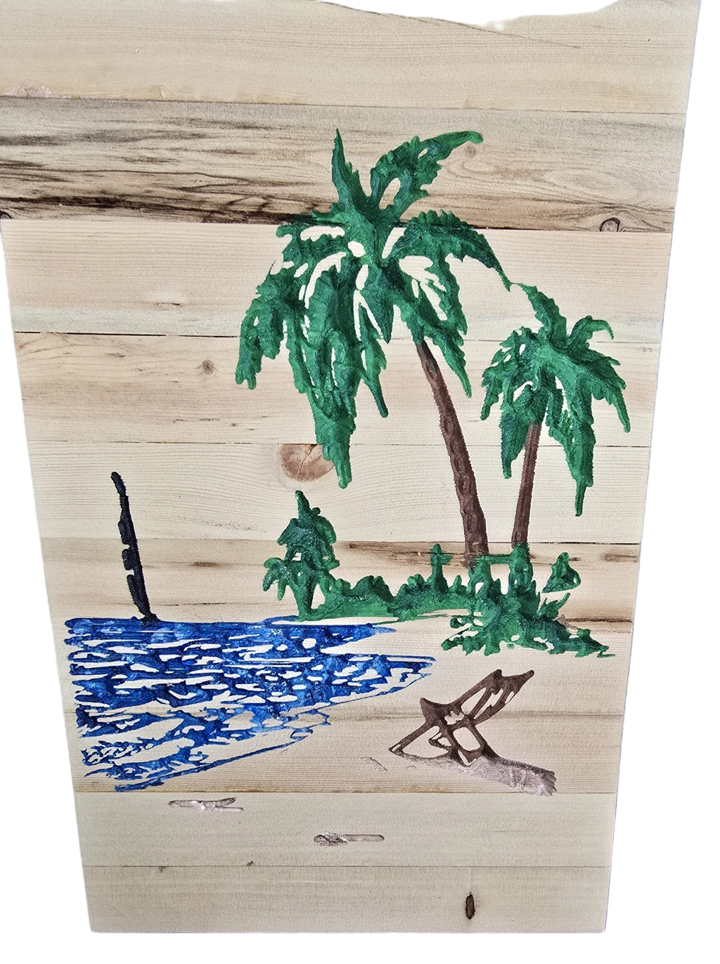 TK Wood Designs hand-painted reclaimed wood art depicting a beach scene with palm trees, ocean, and lounge chair.