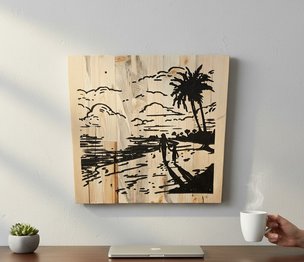 TK Wood Designs handmade wooden sign with black silhouette of a mother and child walking on a beach with palm trees and clouds.