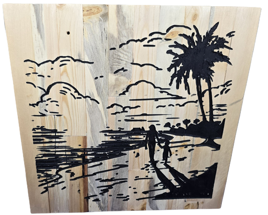 TK Wood Designs handmade wooden sign with black silhouette of a parent and child walking on a beach with palm trees and clouds.