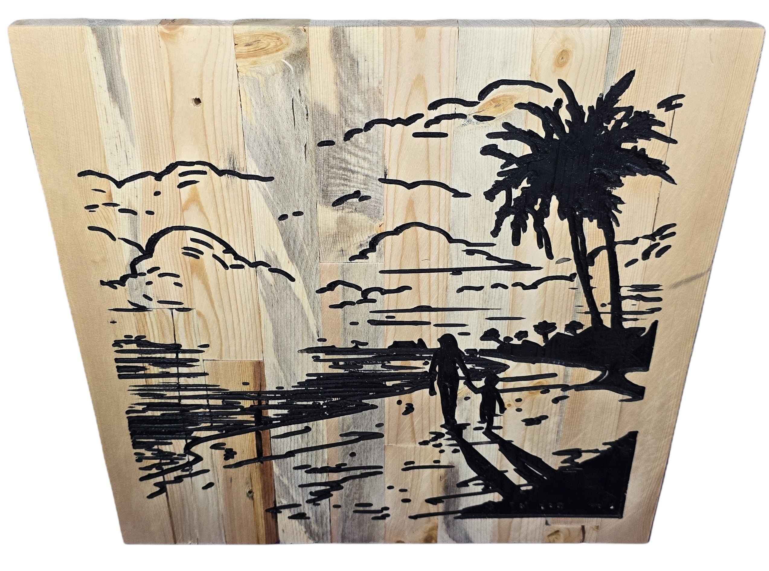 TK Wood Designs handmade wooden sign with black silhouette of a parent and child walking on a beach with palm trees.