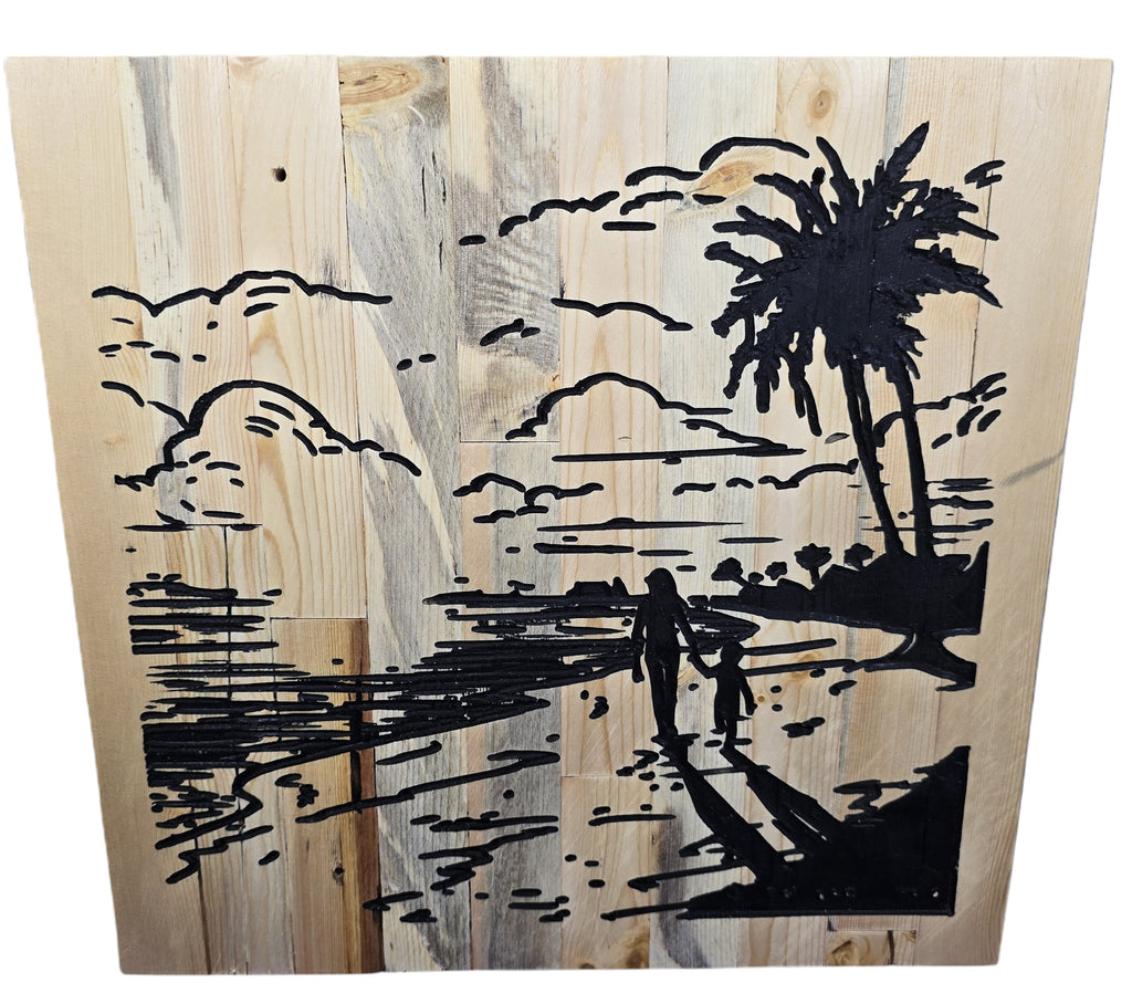 TK Wood Designs handmade wooden sign with black silhouette of a parent and child walking on a beach with palm trees and clouds.