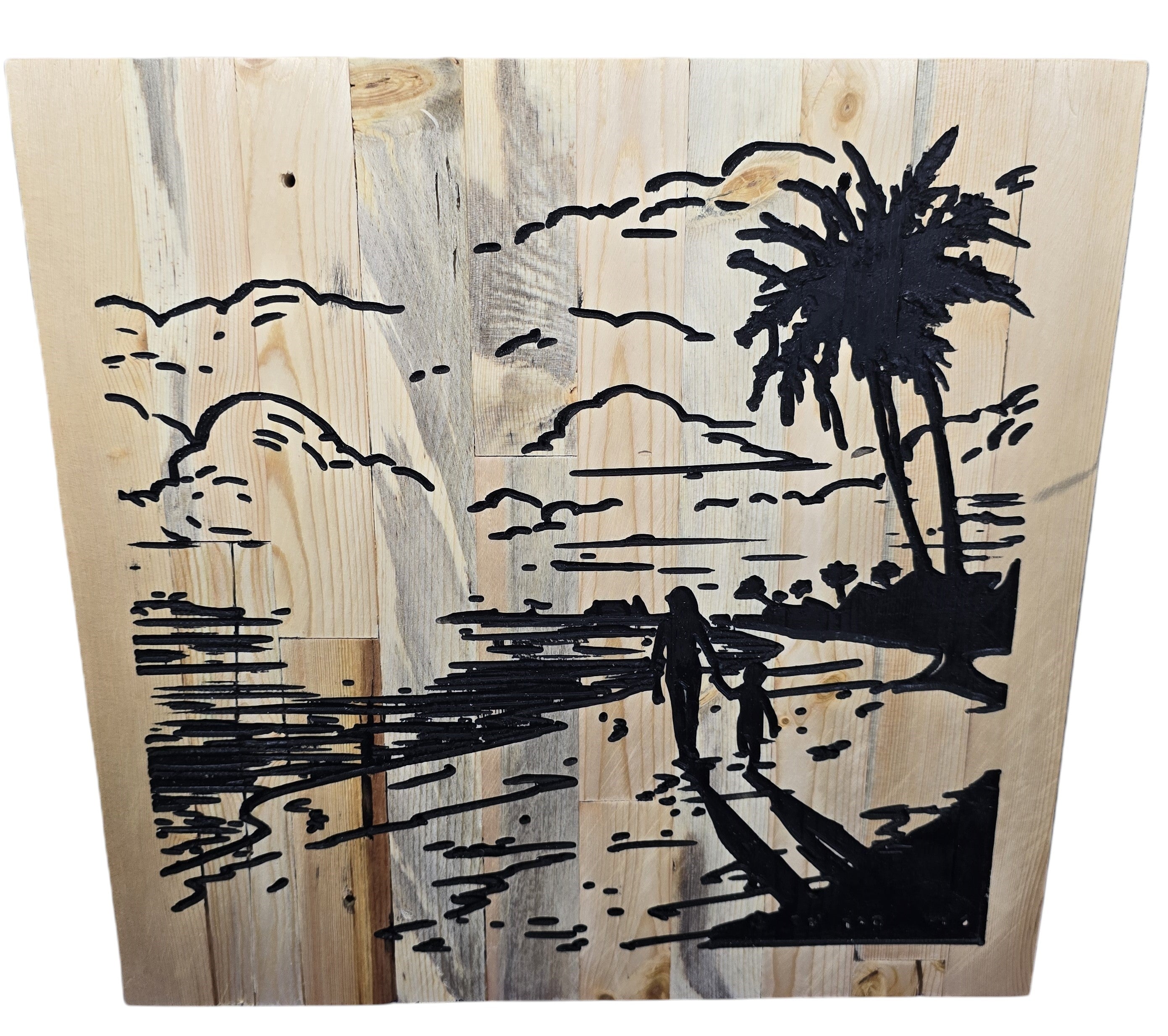 TK Wood Designs handmade wooden sign with black silhouette of a parent and child walking on a beach with palm trees and clouds.