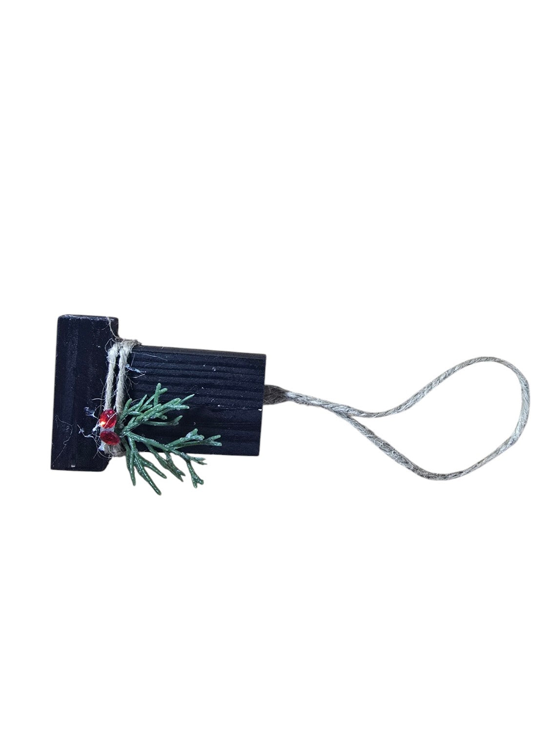 TK Wood Designs handcrafted matte black wooden holiday ornament with artificial greenery, red berries, and twine loop.