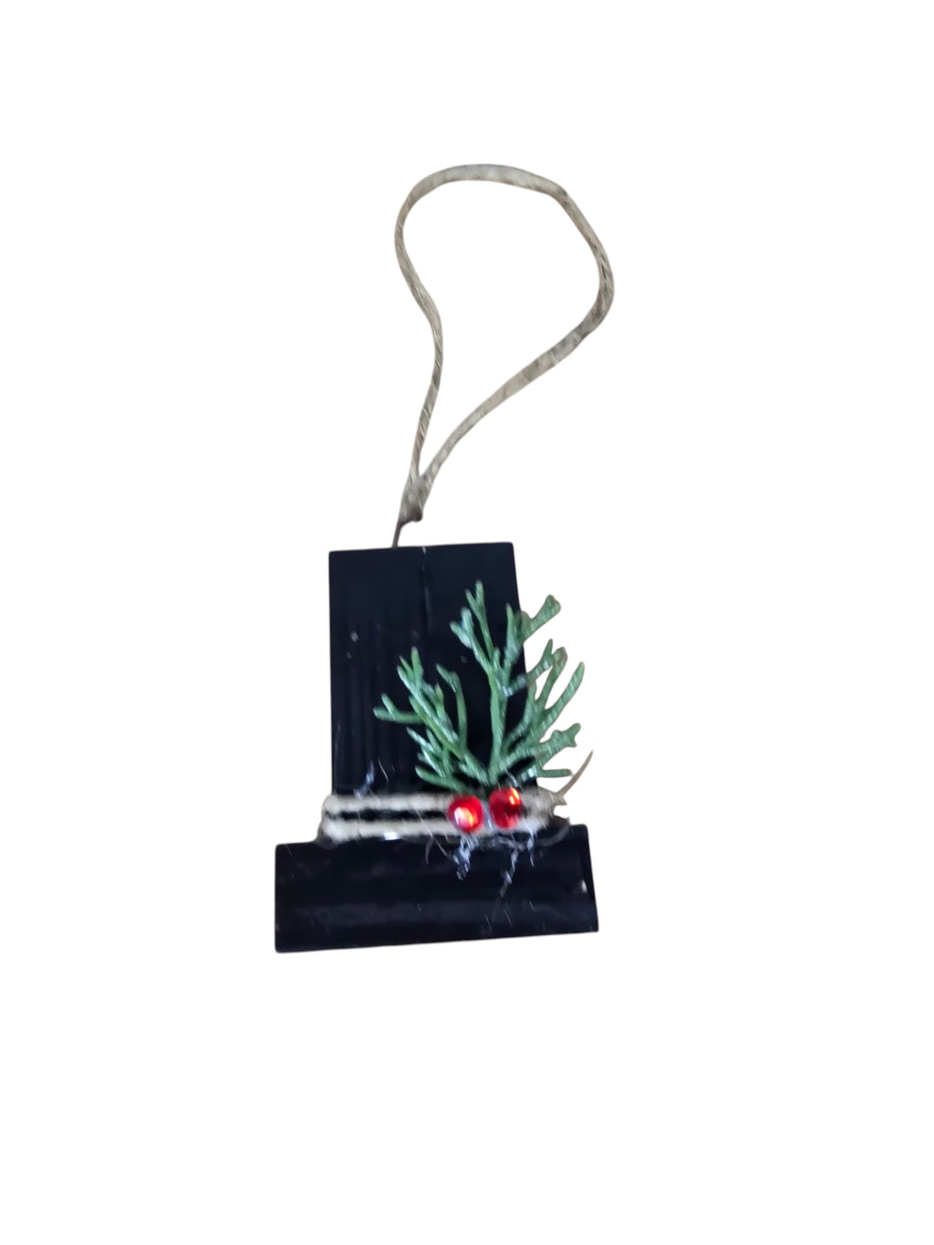 TK Wood Designs handcrafted black wooden holiday ornament with artificial greenery, red berries, and rustic twine loop.
