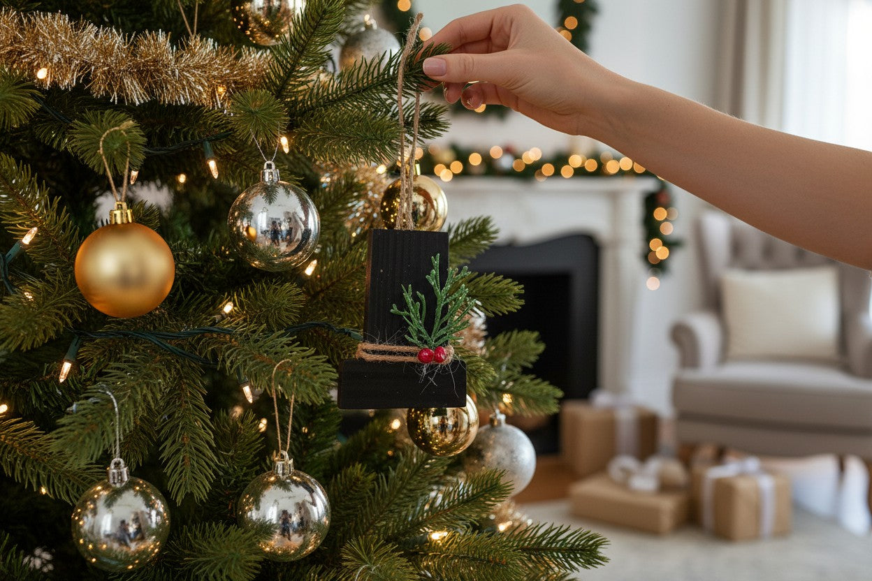 TK Wood Designs handcrafted black wooden holiday ornament with greenery and red berries hanging on a Christmas tree.