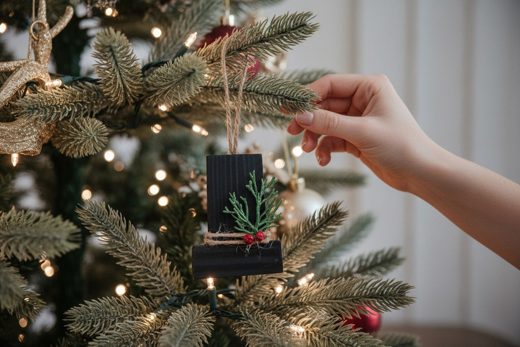 TK Wood Designs handcrafted matte black wooden holiday ornament with greenery and red berries on a Christmas tree.