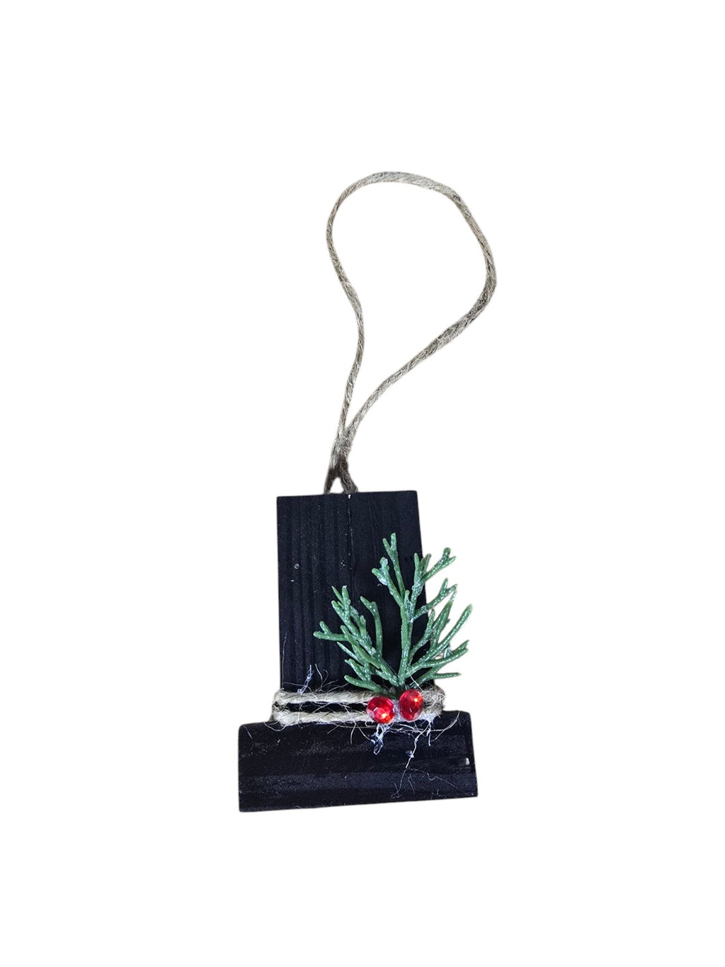TK Wood Designs handcrafted black wooden holiday ornament with artificial greenery, red berries, and rustic twine loop.