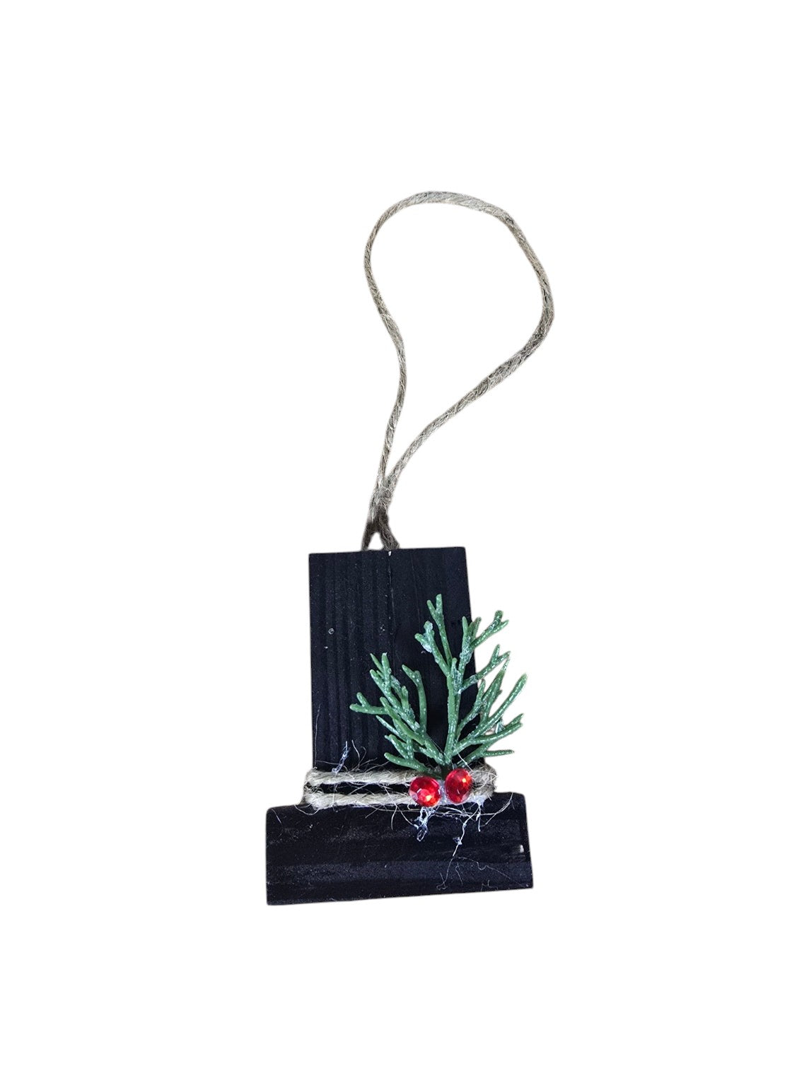 TK Wood Designs handcrafted black wooden holiday ornament with artificial greenery, red berries, and rustic twine loop.