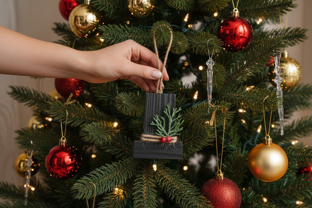 TK Wood Designs handcrafted matte black wooden holiday ornament with greenery and red berries on a Christmas tree