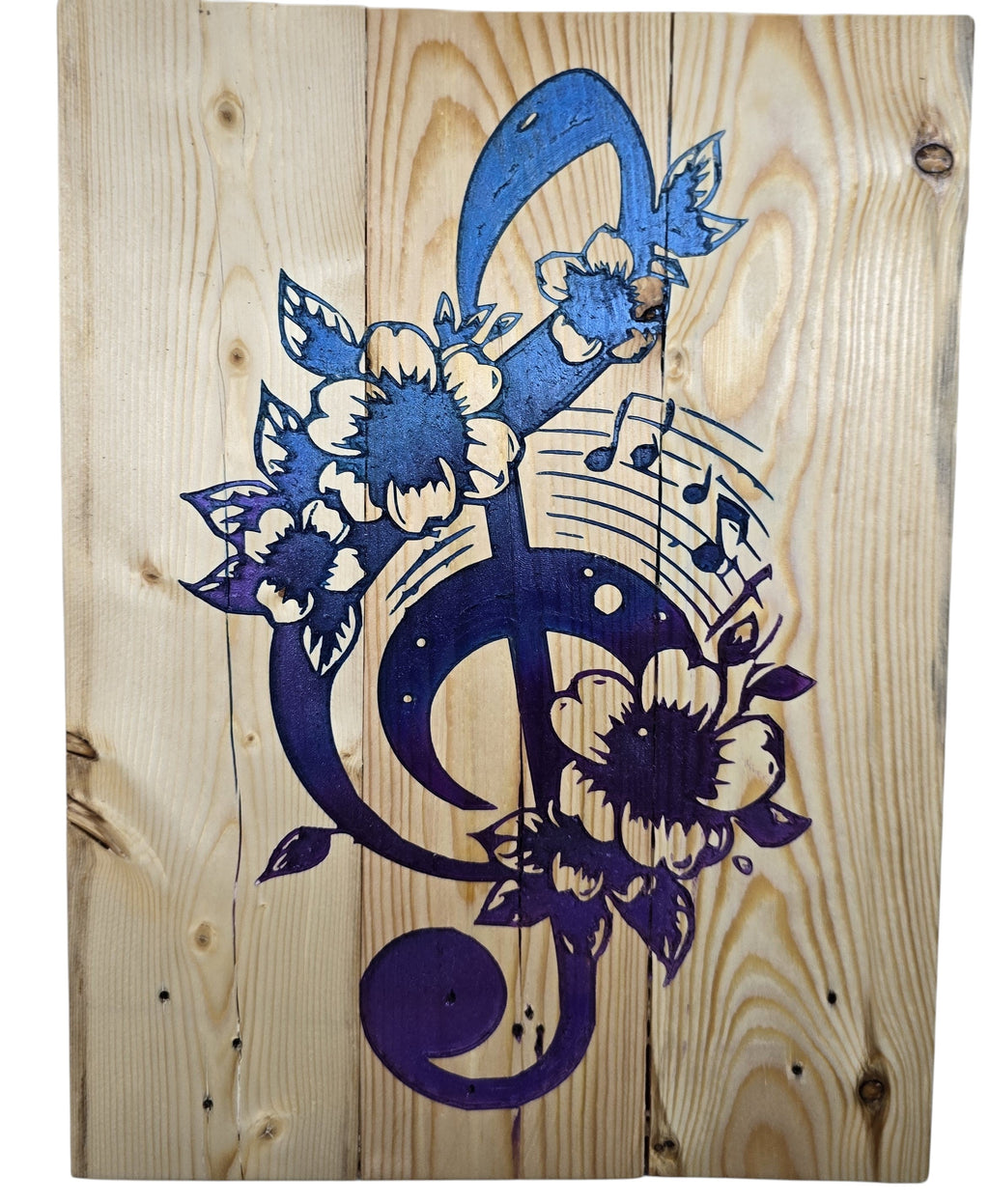 TK Wood Designs blue and purple floral treble clef wood wall art with musical notes. Rustic wood.