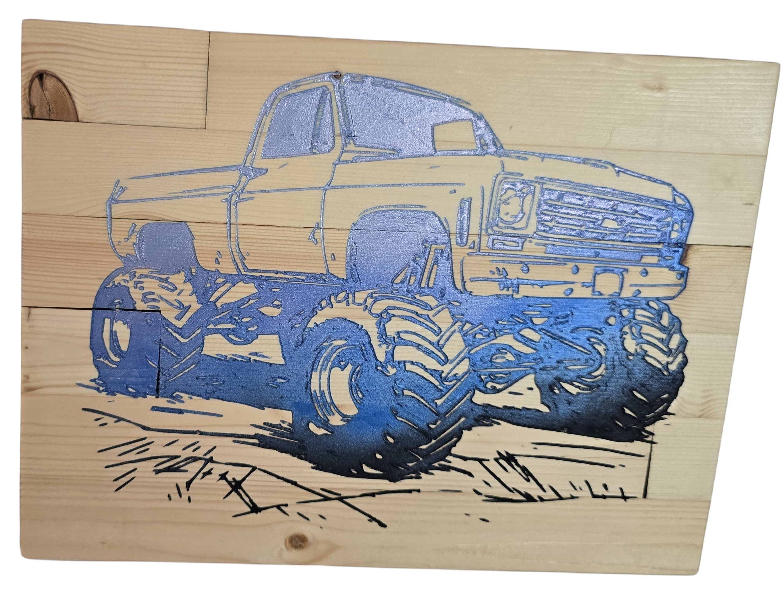 TK Wood Designs blue monster truck sign on wood, featuring oversized tires and a detailed grill.