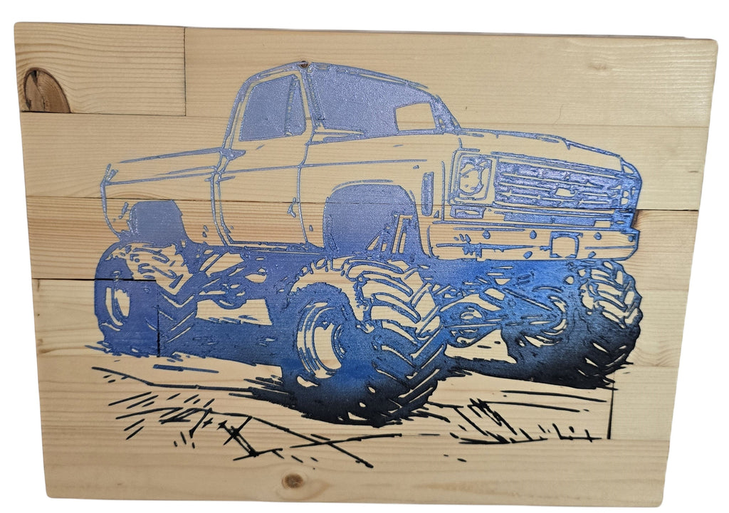 TK Wood Designs blue monster truck sign, crafted from wood with a distressed finish and bold blue paint.