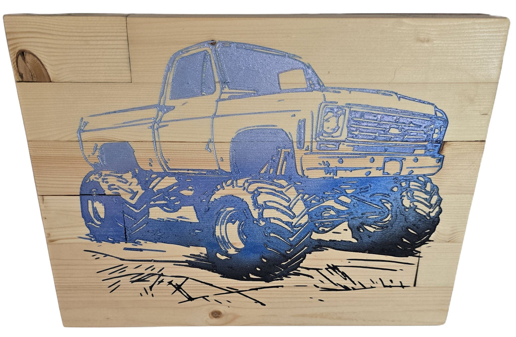 TK Wood Designs blue monster truck wood sign with large tires and detailed grill. Perfect for garages or kids' rooms.
