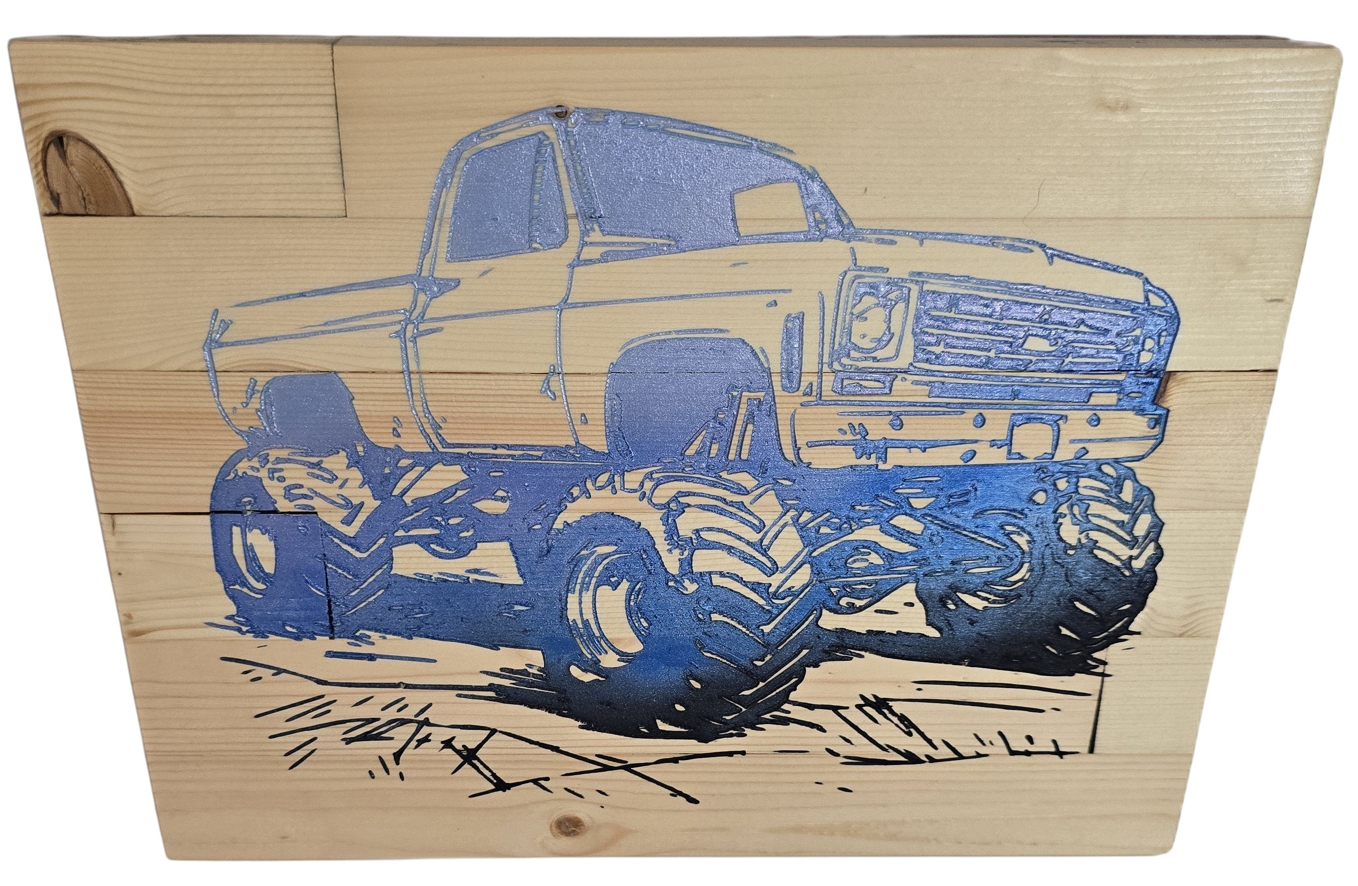 TK Wood Designs blue monster truck wood sign with large tires and detailed grill. Perfect for garages or kids' rooms.