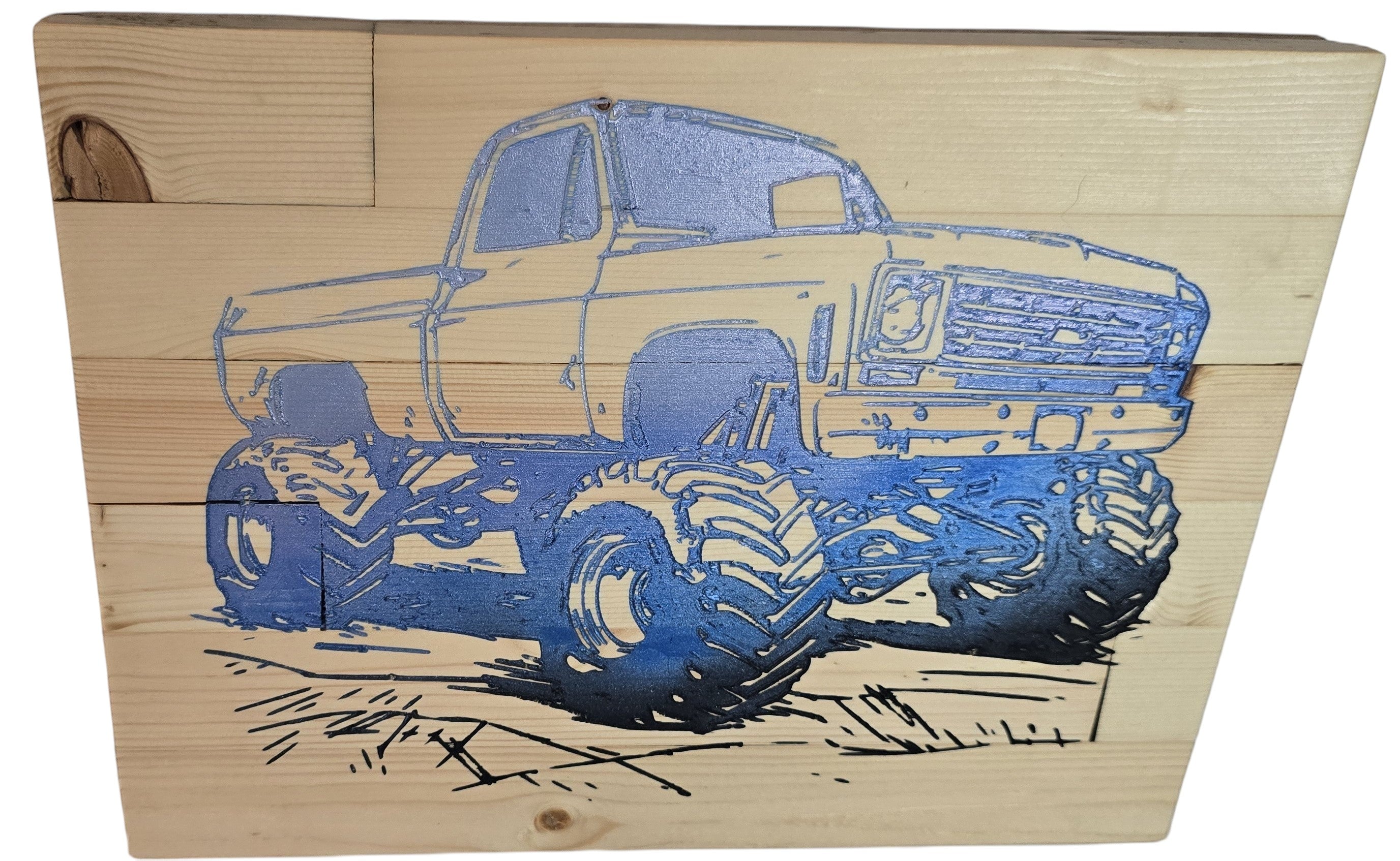 TK Wood Designs blue monster truck wood sign with large tires and detailed grill. Rustic, handmade decor.