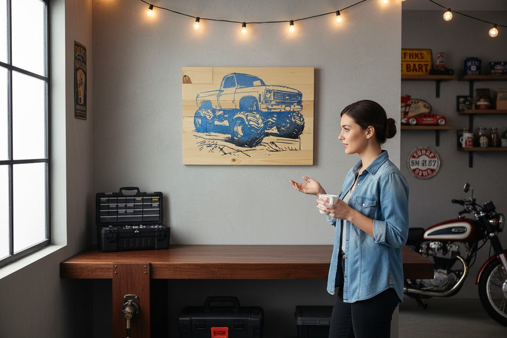 TK Wood Designs blue monster truck wood sign with large tires, displayed in a garage setting.