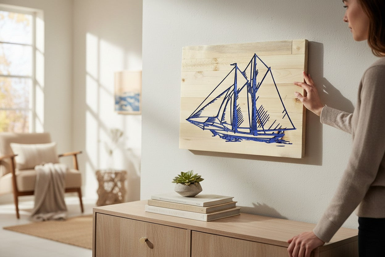 TK Wood Designs blue sailboat carved into light wood panel wall art