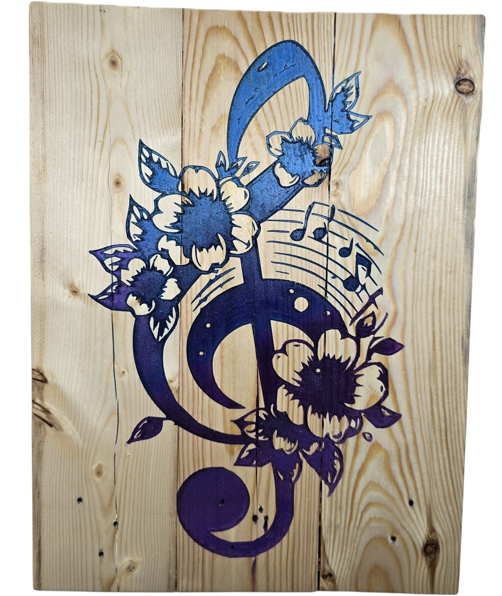 TK Wood Designs blue and purple treble clef with floral and musical notes wood wall art