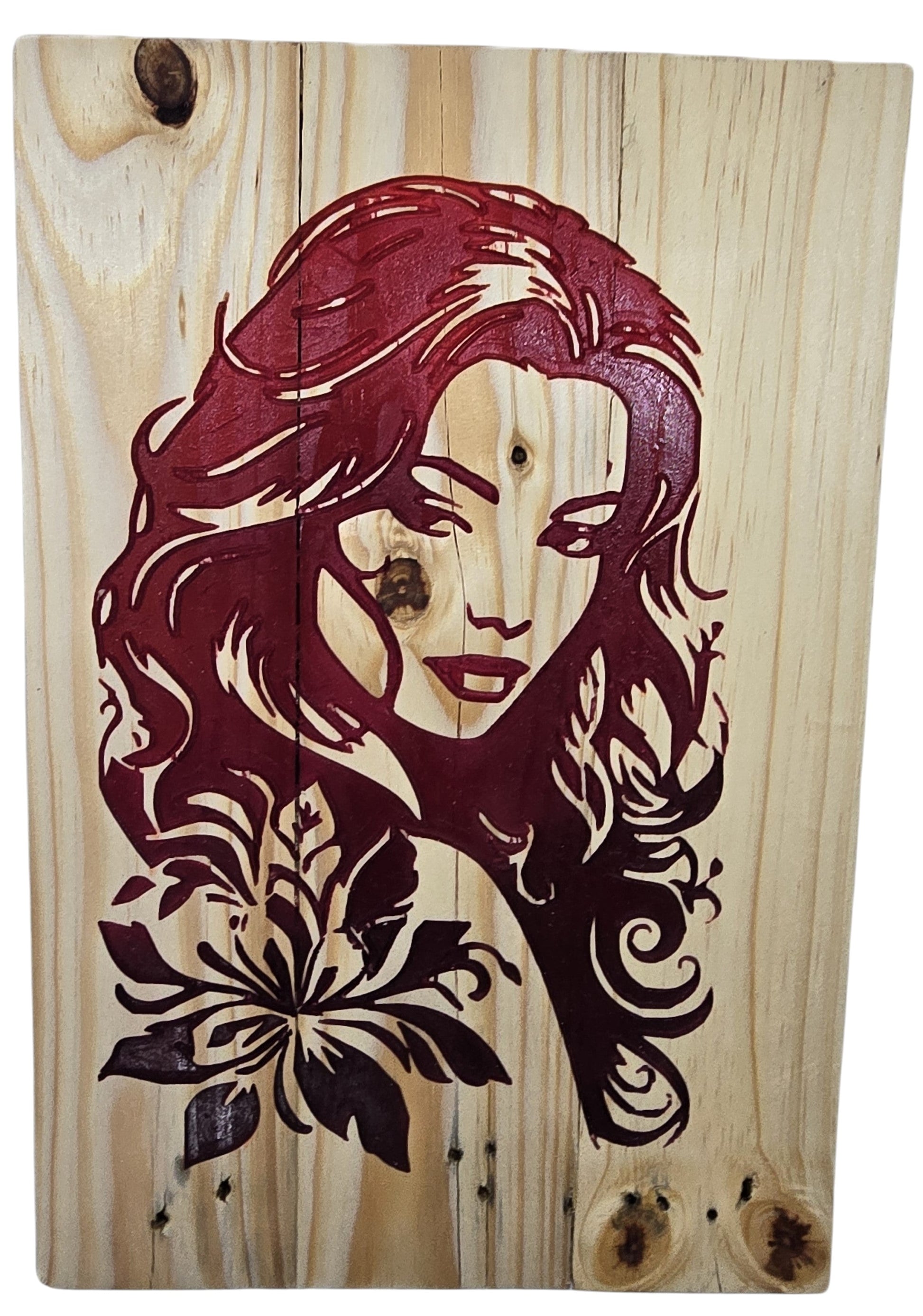 TK Wood Designs bohemian wood wall art featuring a woman with flowing hair and floral accents in deep red.