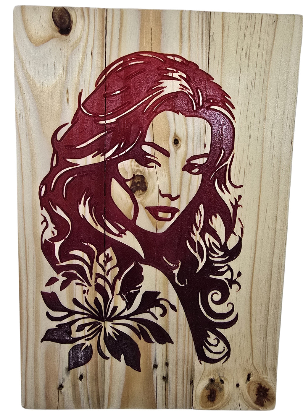 TK Wood Designs bohemian wood wall art featuring a woman with flowing hair and floral accents in deep red on natural wood.