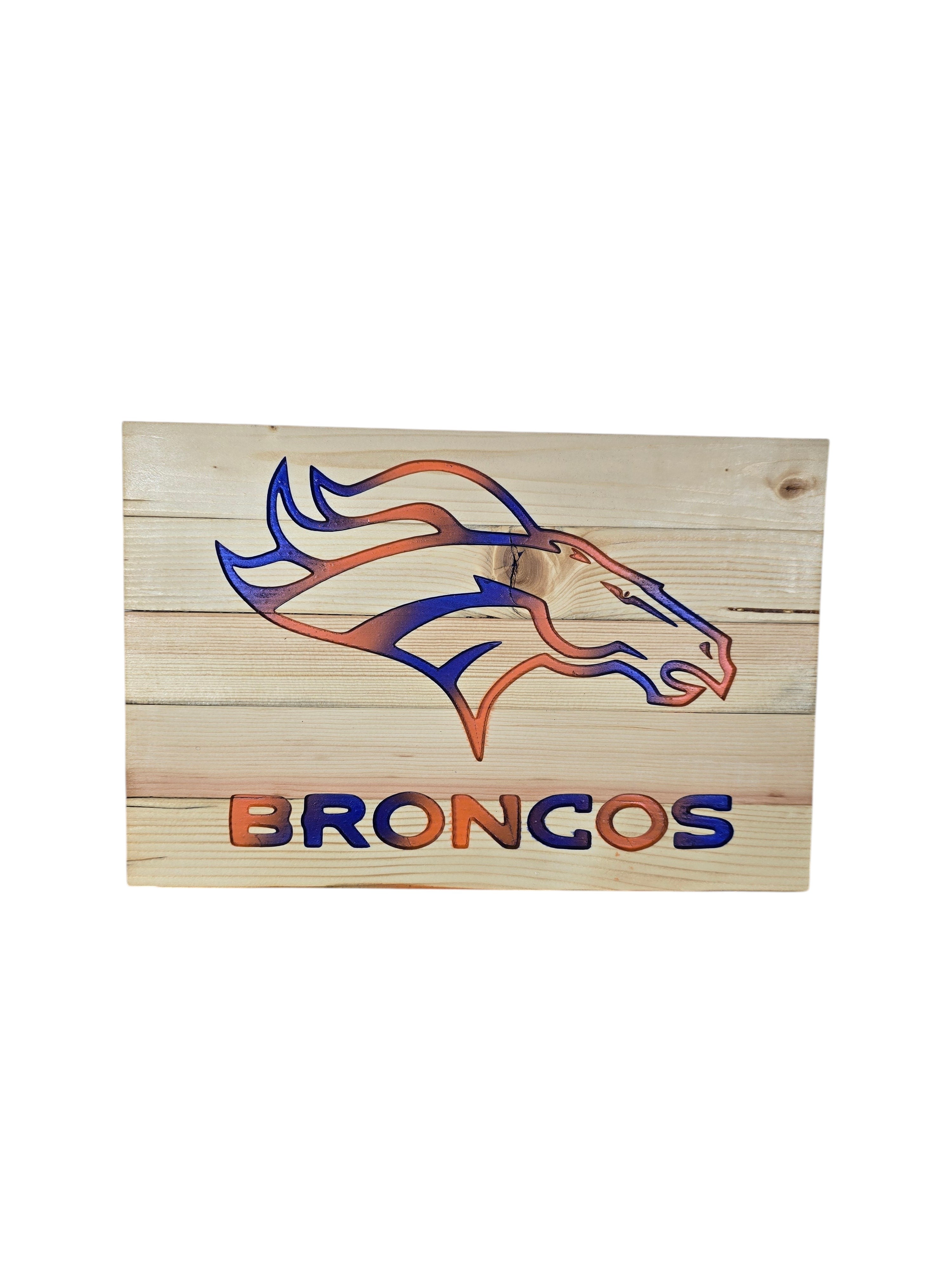 TK Wood Designs handcrafted wooden Denver Broncos wall sign with precision-carved logo and orange and blue gradient.