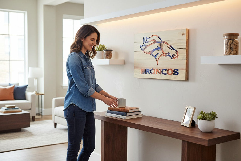 Woman standing by a TK Wood Designs handcrafted Denver Broncos wooden wall sign in a modern living room.