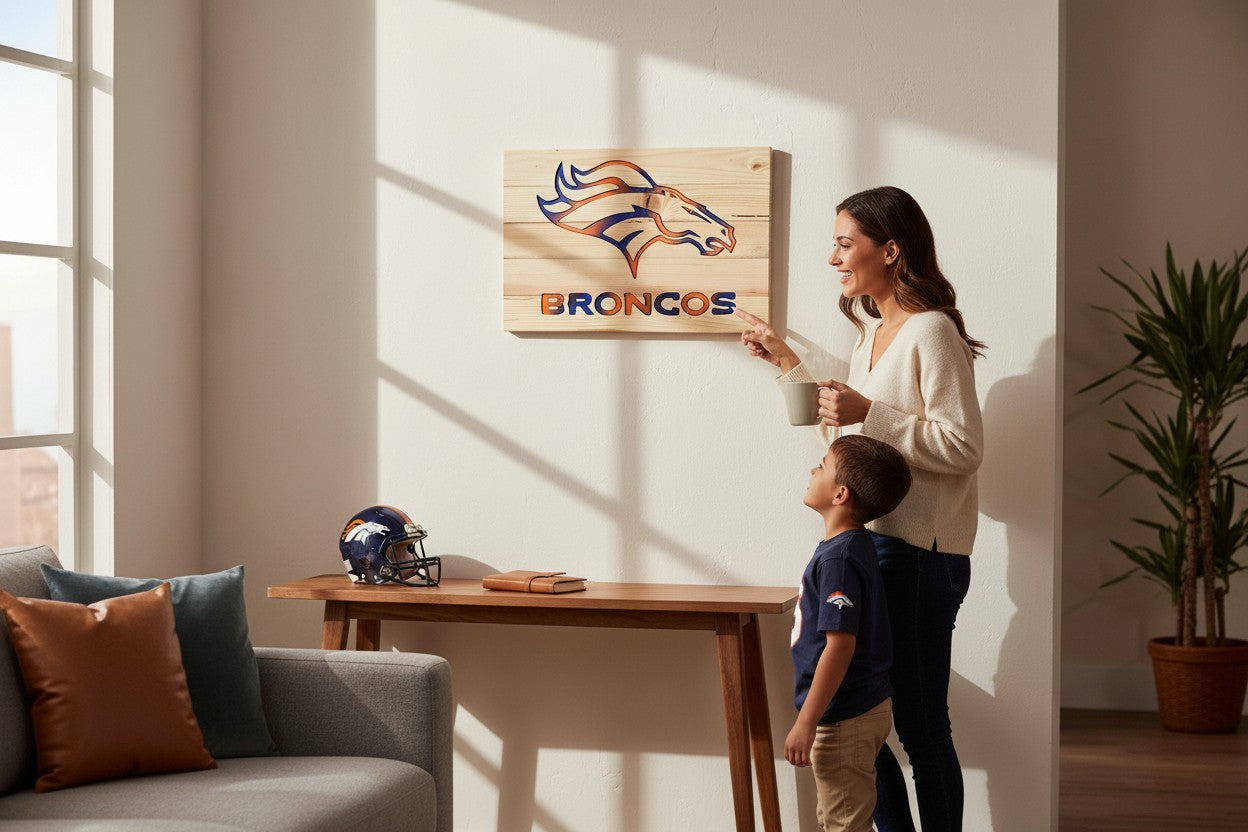 TK Wood Designs handcrafted wooden Denver Broncos wall sign with carved logo and painted gradient in a home living room.