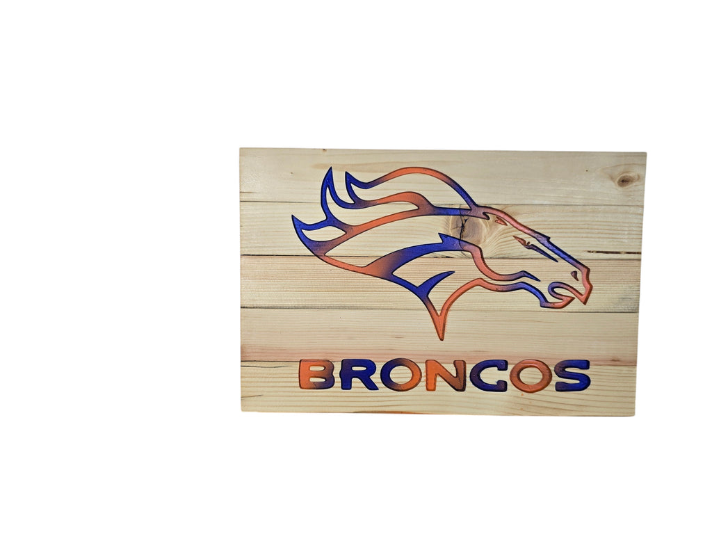 TK Wood Designs handcrafted wooden Denver Broncos wall sign with precision-carved logo and orange and blue gradient.